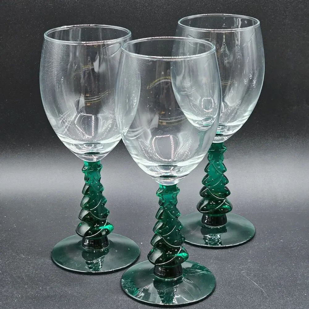 Libbey Green Christmas Tree Stem Wine Glasses Vintage Holiday Set